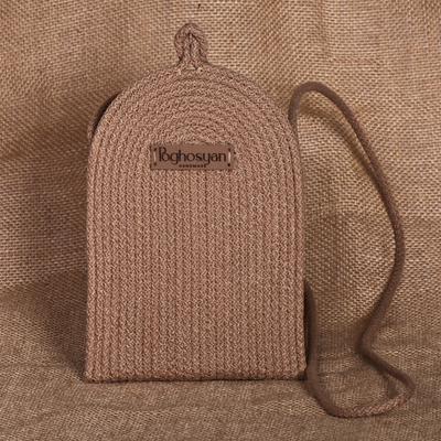 Handwoven Camel Brown Cotton Blend Cell Phone Shoulder Bag