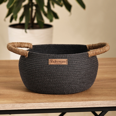 Handcrafted Black Cotton Blend Basket with Jute Handles