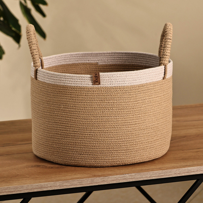 Modern Beige and White Cotton Blend Basket Woven in Armenia