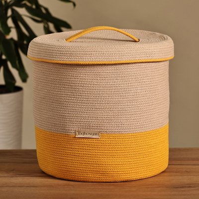 Yellow and Beige Cotton Blend Lidded Basket Made in Armenia