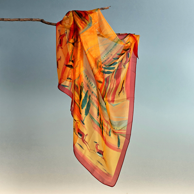 Armenian-Inspired Hand-Painted Sheer Soft Silk Chiffon Scarf