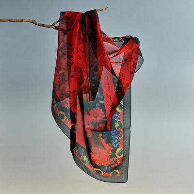 Floral Red and Blue Hand-Painted Sheer Silk Chiffon Scarf