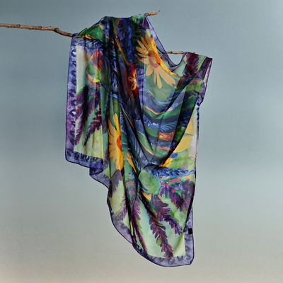 Spring-Themed Hand-Painted Lavender Sheer Silk Chiffon Scarf