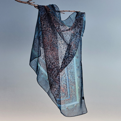 Traditional Hand-Painted Blue Sheer Soft Silk Chiffon Scarf