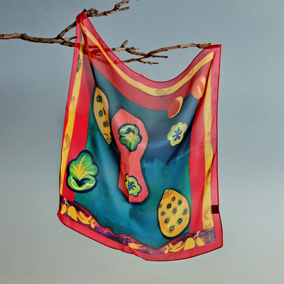 Abstract-Themed Hand-Painted Silk Chiffon Scarf from Armenia