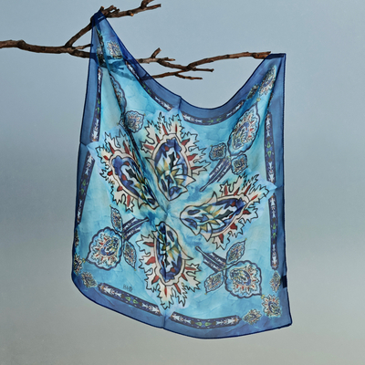 Armenian-Made Spring-Themed Painted Blue Silk Chiffon Scarf