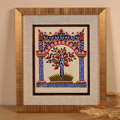 Folk Art Nature-Theme Framed Pomegranate Acrylic Painting