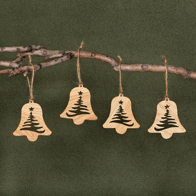 4-Piece Bell-Shaped Beech Wood Fir Ornament Set from Armenia