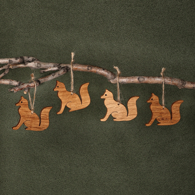 4-Piece Fox-Shaped Beech Wood Ornament Set from Armenia