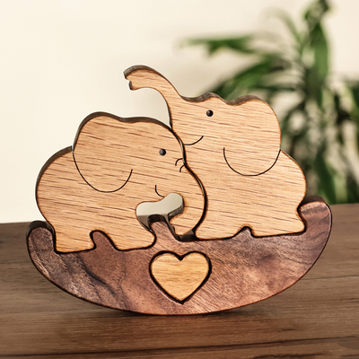 Hand-Carved 4-Piece Wood Baby Elephant Puzzle Sculpture