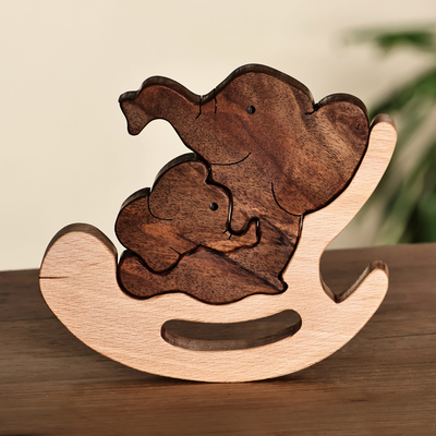 Hand-Carved Elephant-Themed 3-Piece Wood Puzzle Sculpture