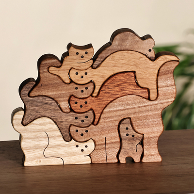 Hand-Carved Cat-Themed 9-Piece Wood Puzzle Made in Armenia