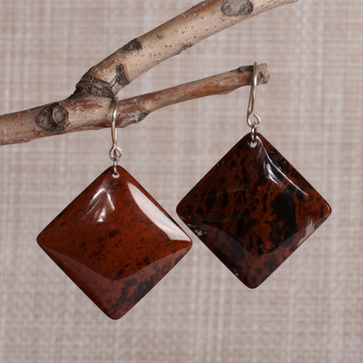 Square-Shaped Natural Obsidian Dangle Earrings from Armenia