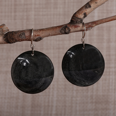 Minimalist Round Black Natural Obsidian Dangle Earrings