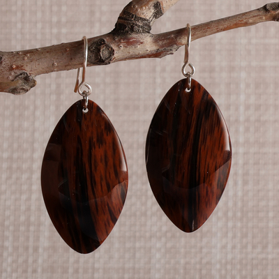 Leaf-Shaped Natural Obsidian Dangle Earrings with Hooks