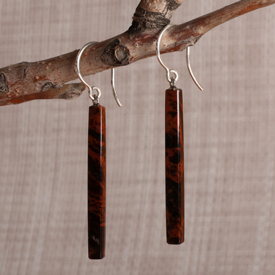 Minimalist Dark Brown Obsidian Dangle Earrings with Hooks