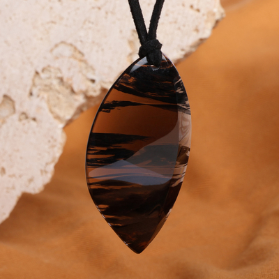 Leaf-Shaped Dark Brown and Black Obsidian Pendant Necklace