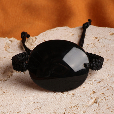 Oval Natural Black Obsidian Pendant Bracelet Made in Armenia