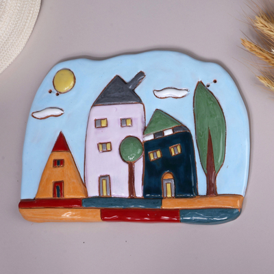 Armenian Cottage Glazed Ceramic Wall Art Painted by Hand