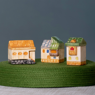 3 Painted Glazed Armenian Cottage-Themed Ceramic Figurines