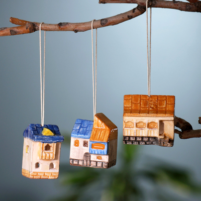 3 Painted Glazed Armenian Cottage-Themed Ceramic Ornaments