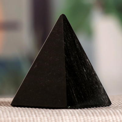 Hand-Carved Black and Silver Obsidian Pyramid Sculpture