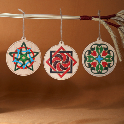 Armenian-Themed Set of 3 Hand-Painted Round Wood Ornaments