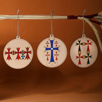 Artisan-Made Cross-Themed 3-Piece Round Wood Ornament Set