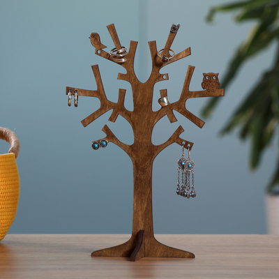 Hand-Carved Nature-Themed Dark Brown Wood Tree Jewelry Stand