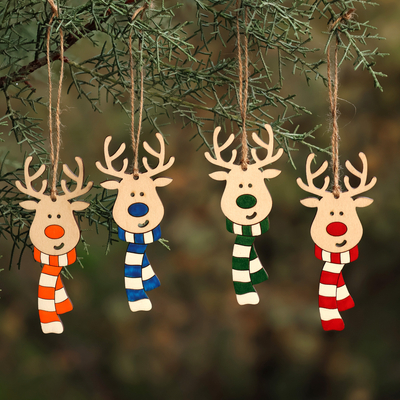 Assorted 4-Piece Wood Reindeer Ornament Set from Armenia