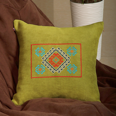 Classic Armenian Embroidered Acrylic Cushion Cover in Green