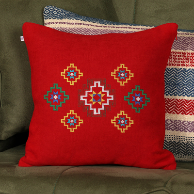 Embroidered Star-Patterned Acrylic Cushion Cover in Red