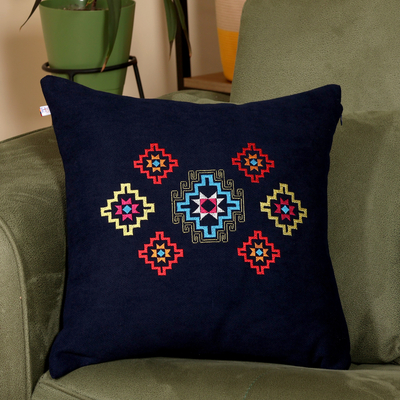 Armenian Star Embroidered Acrylic Cushion Cover in Navy