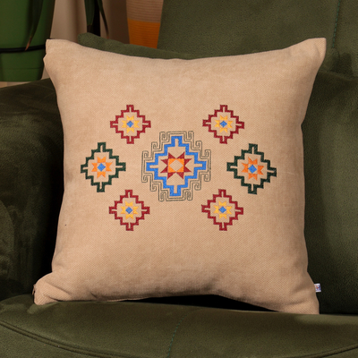 Artisan-Made Star Embroidered Acrylic Cushion Cover in Beige