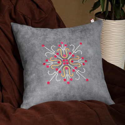 Artisan-Made Embroidered Acrylic Dark Grey Cushion Cover