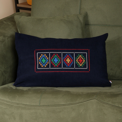 Cross-Themed Embroidered Navy Cushion Cover Made in Armenia