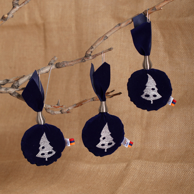 Christmas-Themed Set of Three Navy and Silver Tree Ornaments