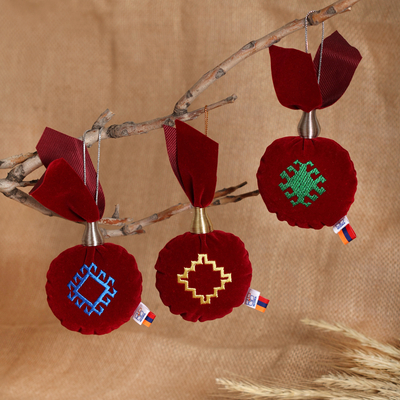 Armenian-Made 3-Piece Embroidered Crimson Red Ornament Set