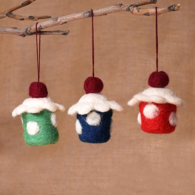 Artisan-Made Cupcake-Shaped 3-Piece Wool Felt Ornament Set