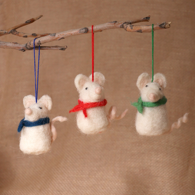 Armenian-Made Mouse-Shaped 3-Piece Wool Felt Ornament Set