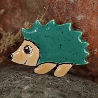 Glazed Hedgehog-Shaped Green and Brown Ceramic Brooch Pin