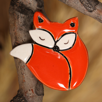 Handmade Fox-Shaped Ceramic Brooch Pin in a Glazed Finish