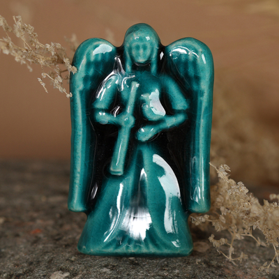 Crackled Glazed Teal Ceramic Angel Brooch Pin from Armenia