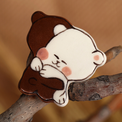 Inspirational Bear-Themed Handmade Glazed Ceramic Brooch Pin