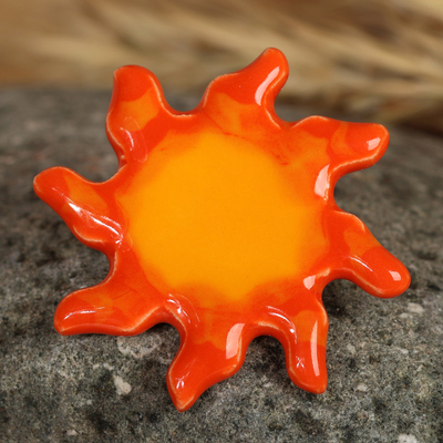 Sun-Shaped Glazed Ceramic Brooch Pin Hand-Painted in Armenia