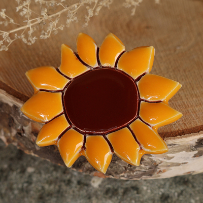 Spring-Inspired Glazed Sunflower-Shaped Ceramic Brooch Pin