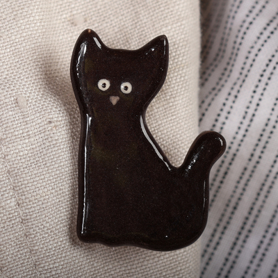 Handcrafted Black Cat-Themed Ceramic Brooch Pin from Armenia