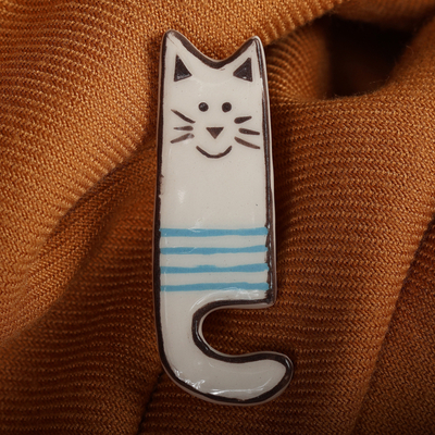 Whimsical Cat-Themed Glazed Ceramic Brooch Pin from Armenia