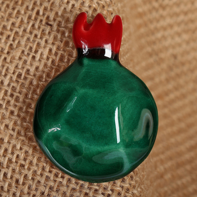 Glazed Emerald and Red Pomegranate-Shaped Ceramic Brooch Pin