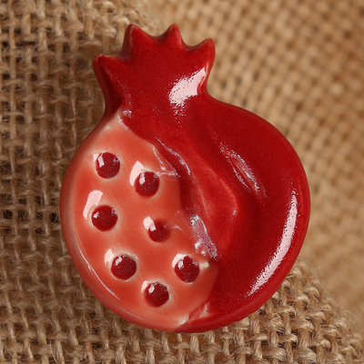 Traditional Glazed Pomegranate-Shaped Red Ceramic Brooch Pin